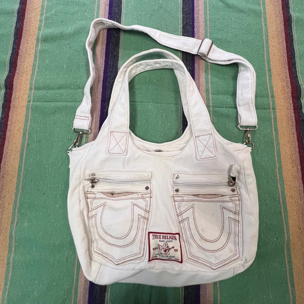 True Religion Denim Tote Bag Womens Large White Horseshoe Stitch Y2K Crossbody
